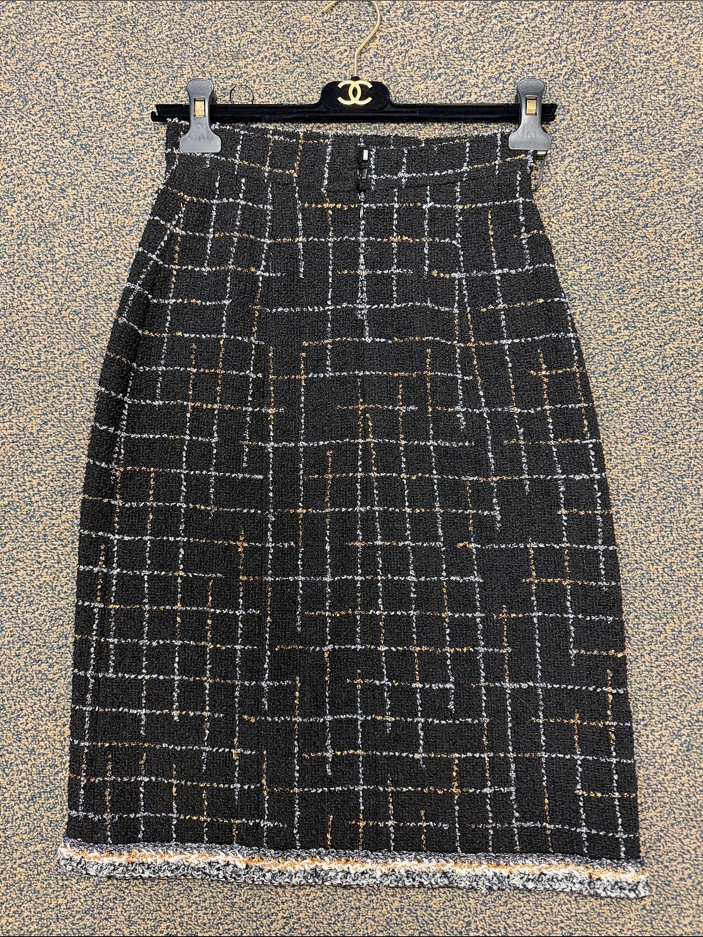 CHANEL Black Tweed Pencil Skirt with Metallic Grid Accents